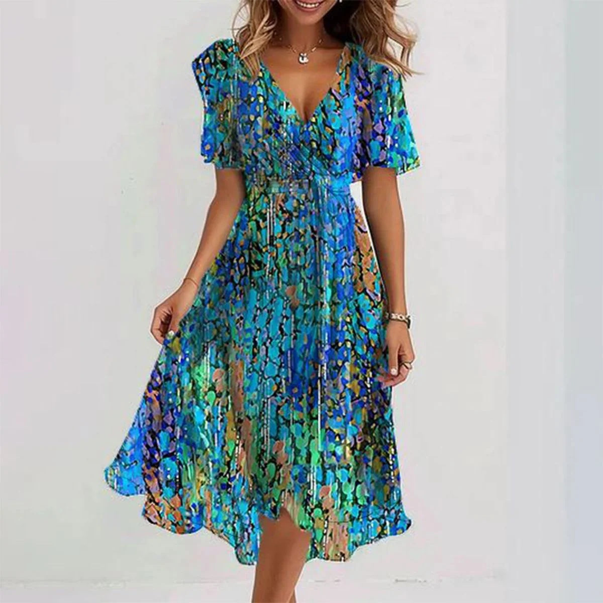 Cecelia | Women’s Flowy Floral Print Short Sleeve Midi Dress