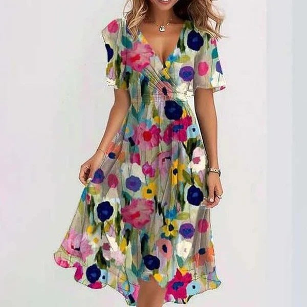 Cecelia | Women’s Flowy Floral Print Short Sleeve Midi Dress