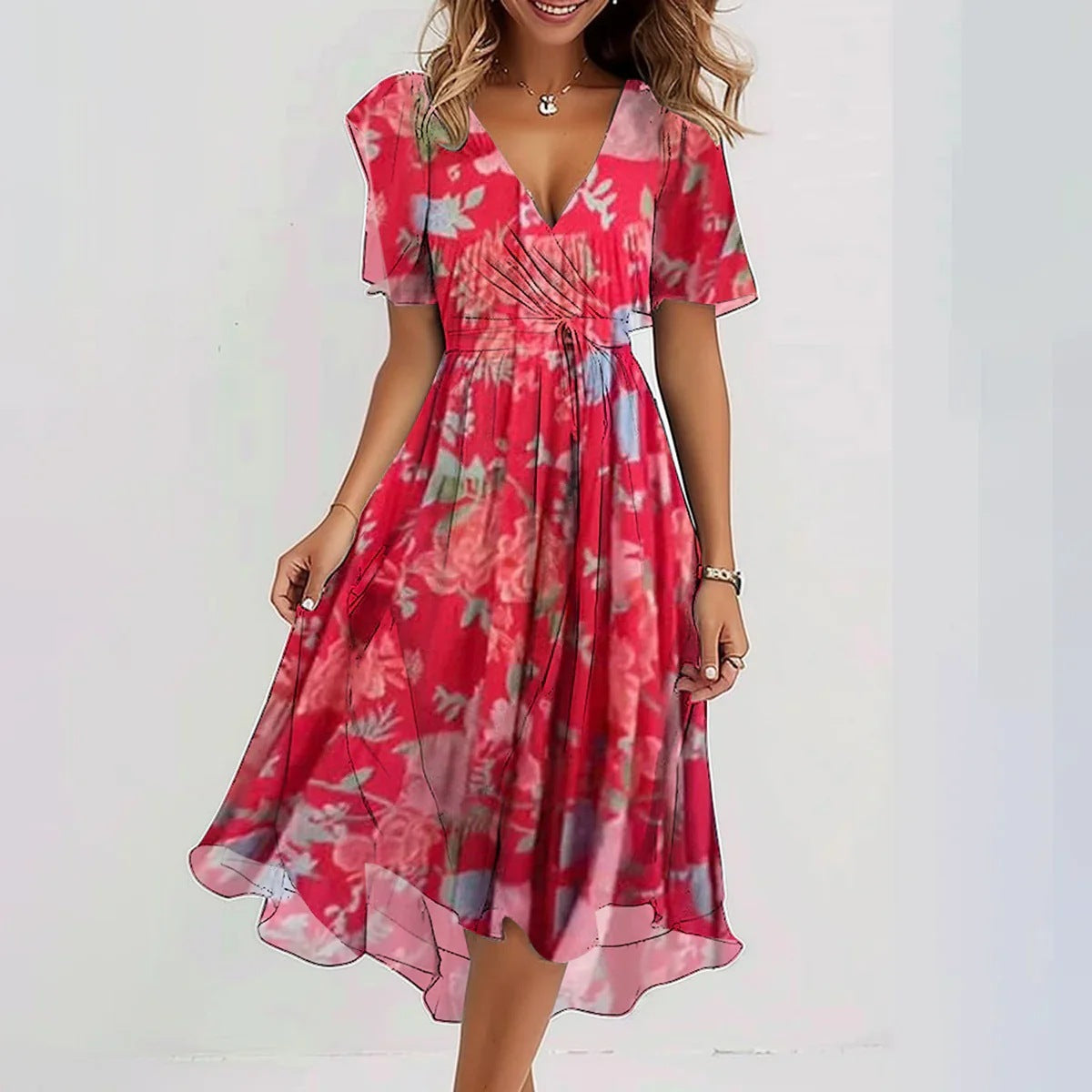 Cecelia | Women’s Flowy Floral Print Short Sleeve Midi Dress