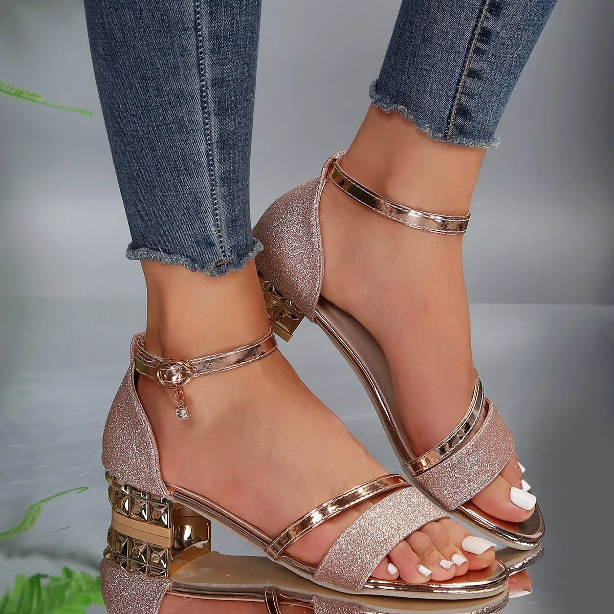 Christina | Women’s Glitter Block Heel Ankle Strap Sandals