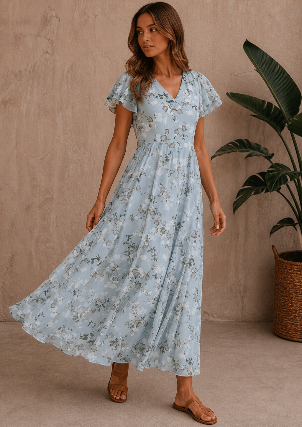 Ciara | Women’s Floral Flutter Sleeve Maxi Dress