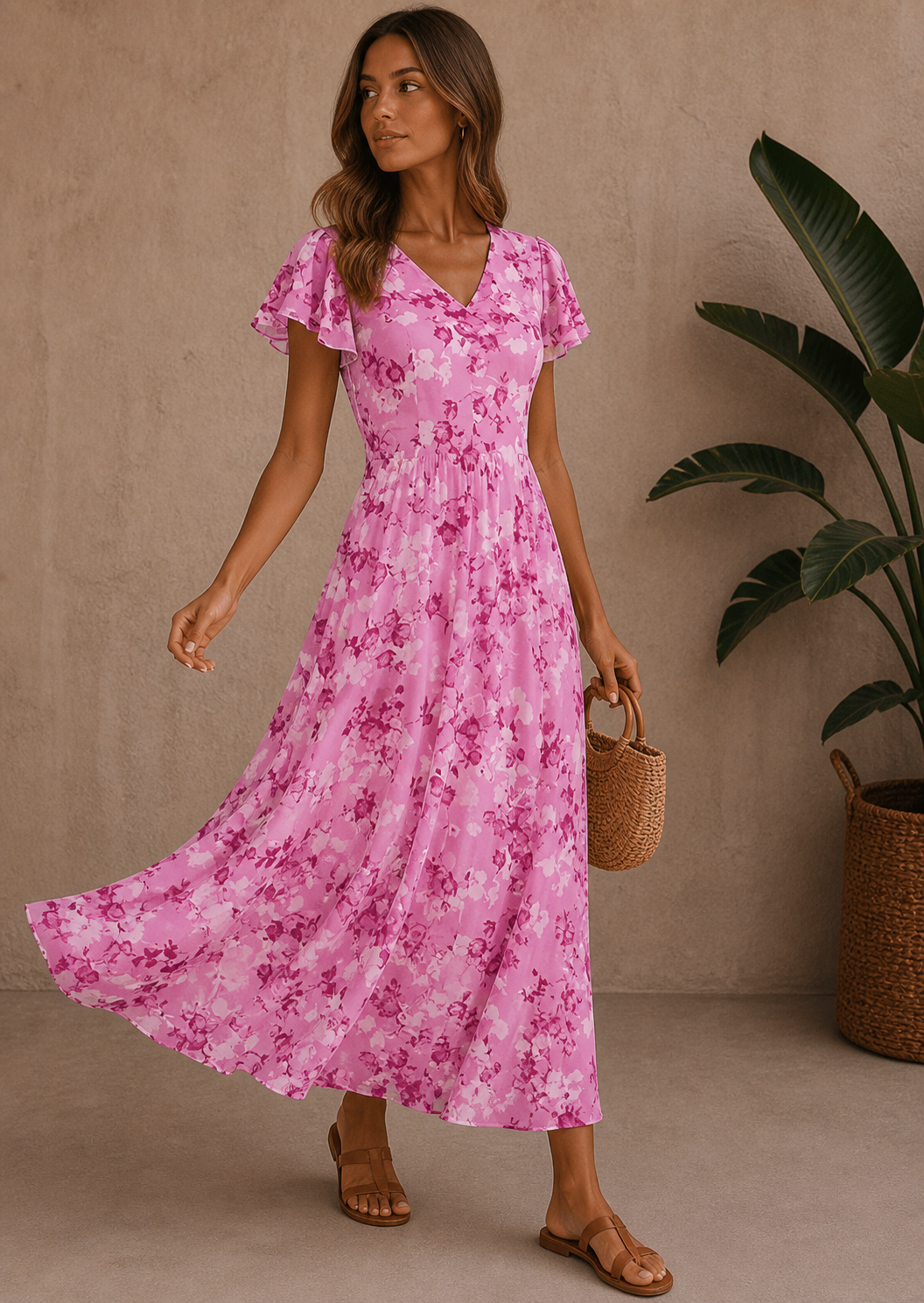 Ciara | Women’s Floral Flutter Sleeve Maxi Dress