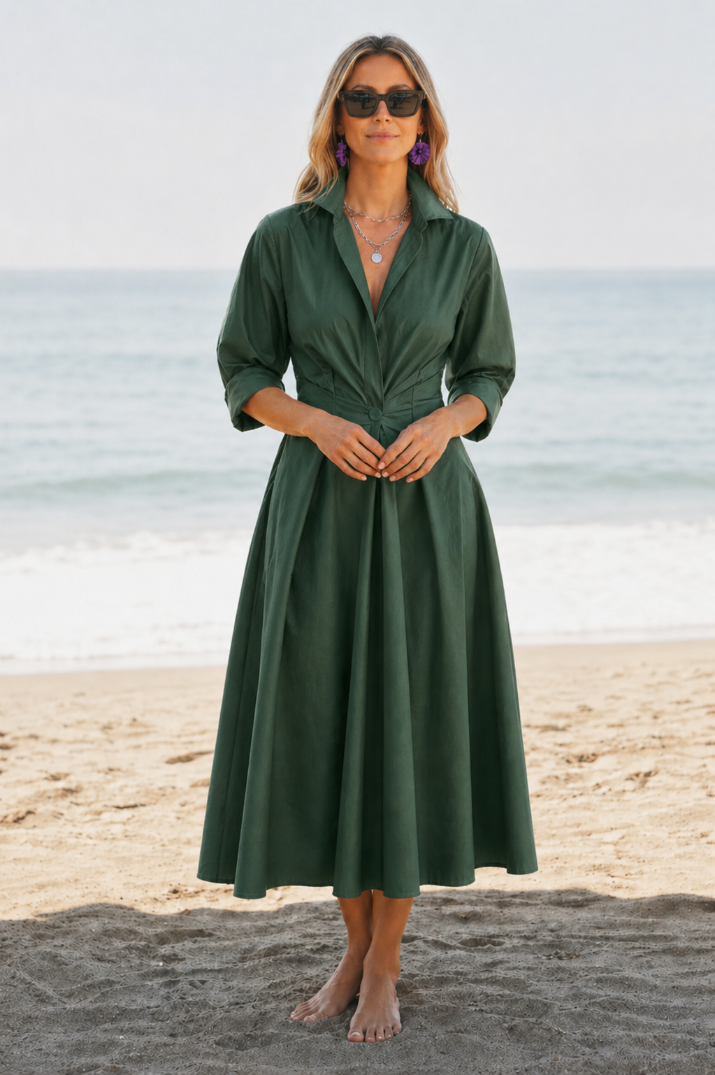 Clementine | Women’s V Neck Collared Long Sleeve Midi Dress