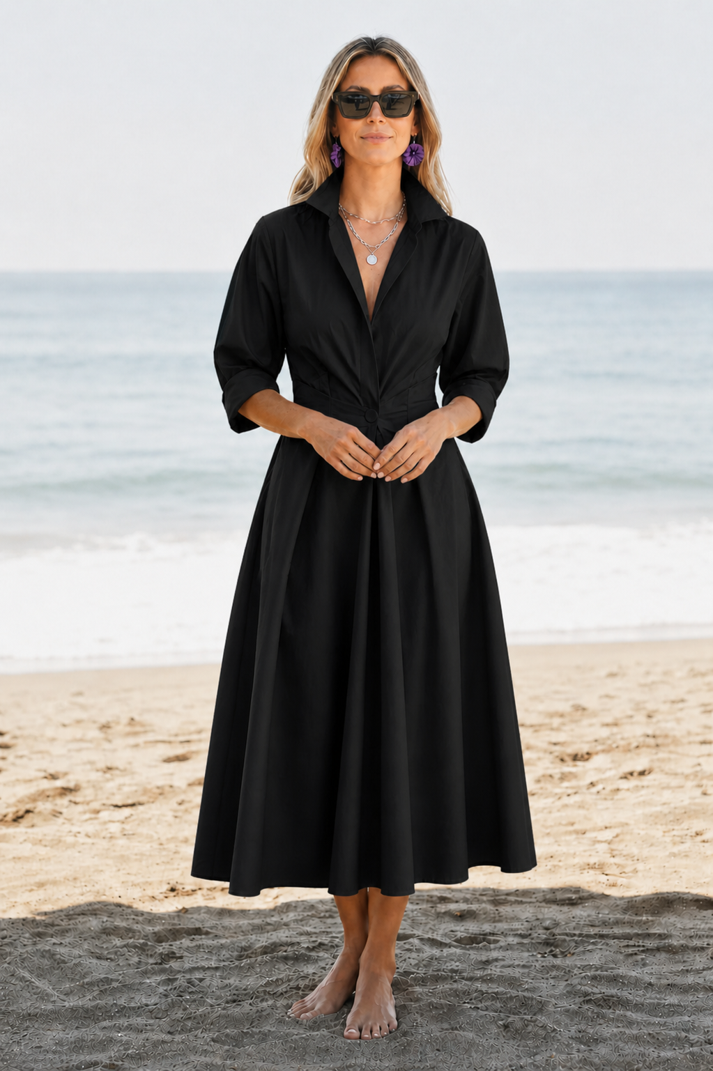Clementine | Women’s V Neck Collared Long Sleeve Midi Dress