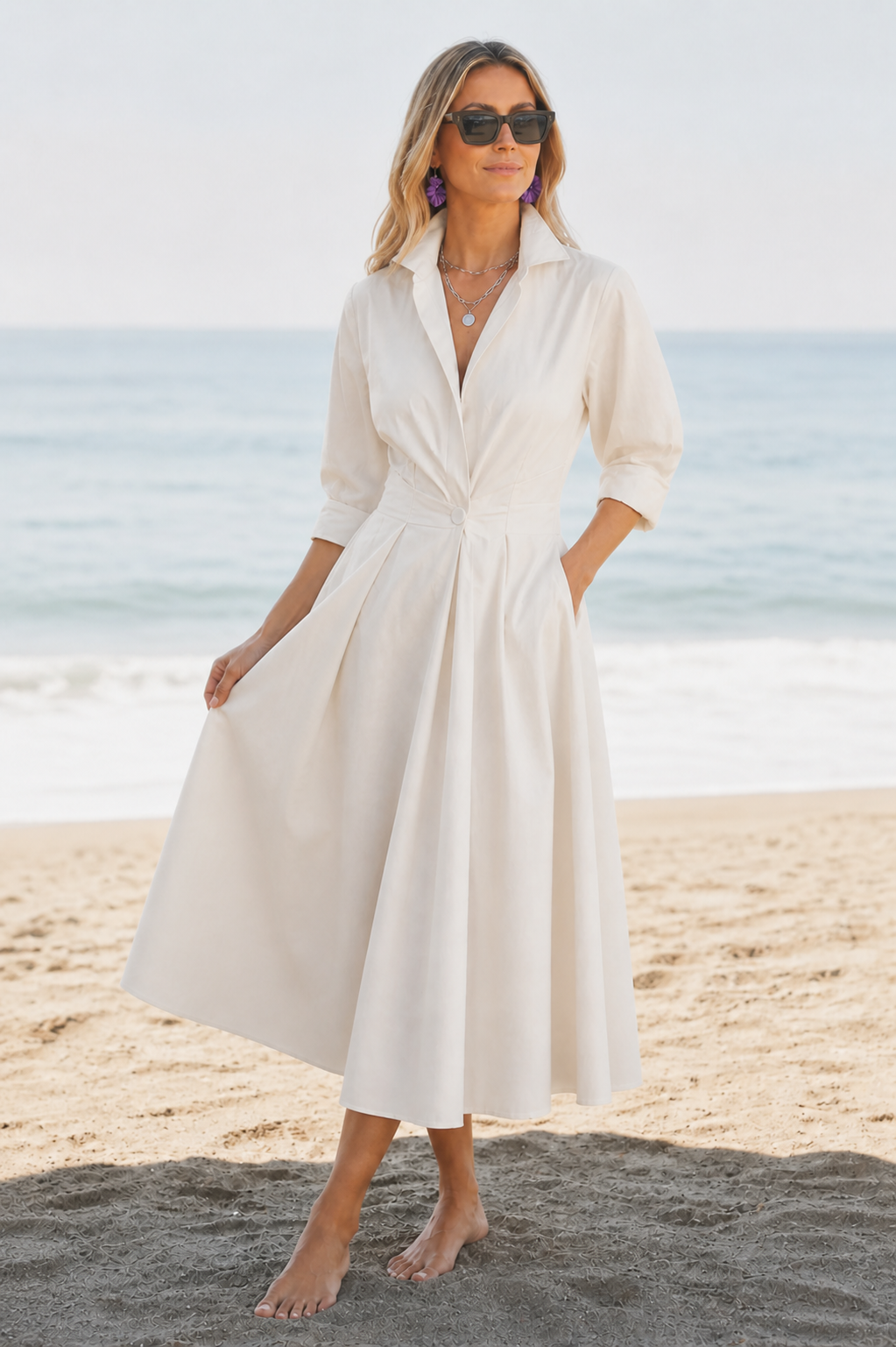 Clementine | Women’s V Neck Collared Long Sleeve Midi Dress