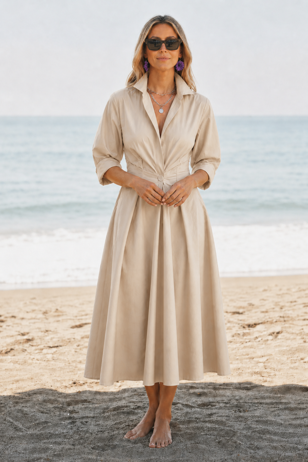 Clementine | Women’s V Neck Collared Long Sleeve Midi Dress