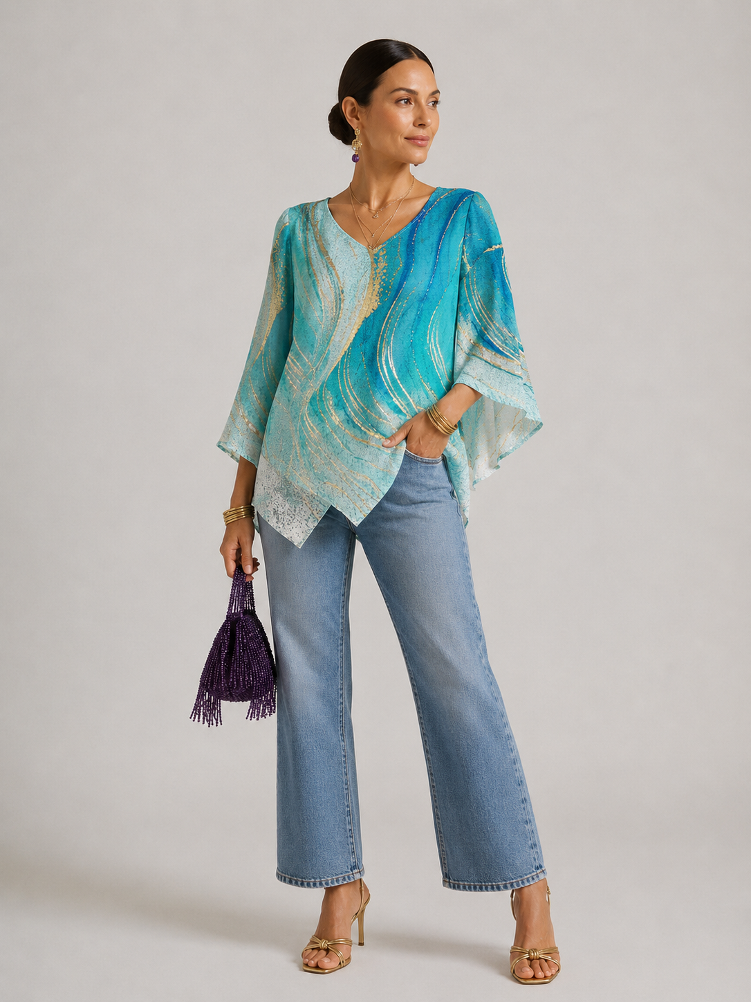 Clodagh | Women's V-Neck Asymmetrical Hem Long Sleeve Blouse