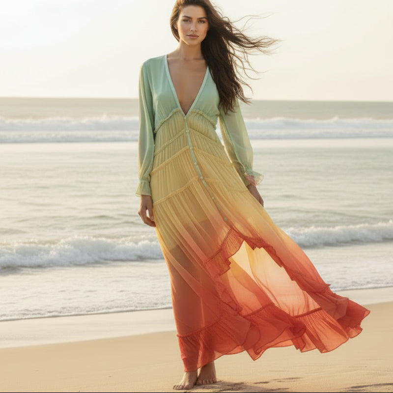 Colette | Women’s V Neck Long Sleeve Flowy Maxi Dress