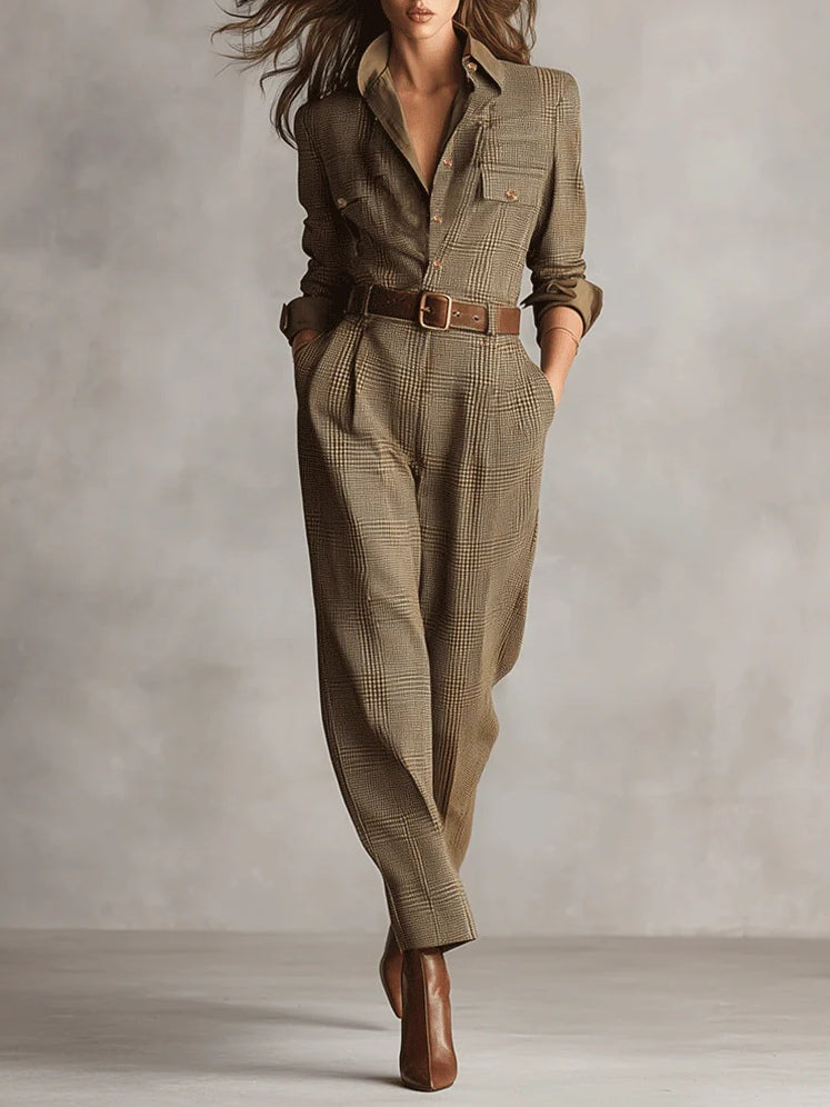 Coral | Women’s Straight Leg Collared Plaid Jumpsuit