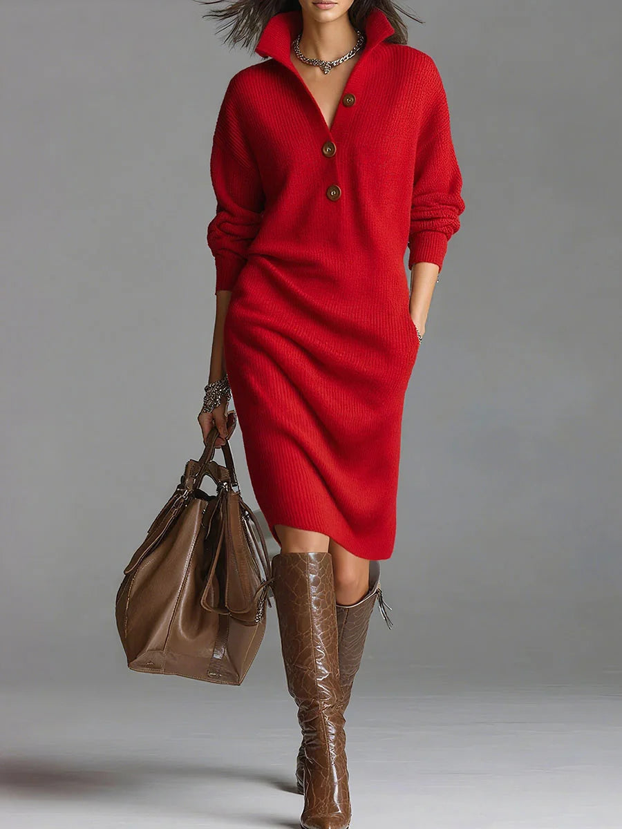 Cordelia | Women’s Ribbed Button Front Long Sleeve Midi Dress