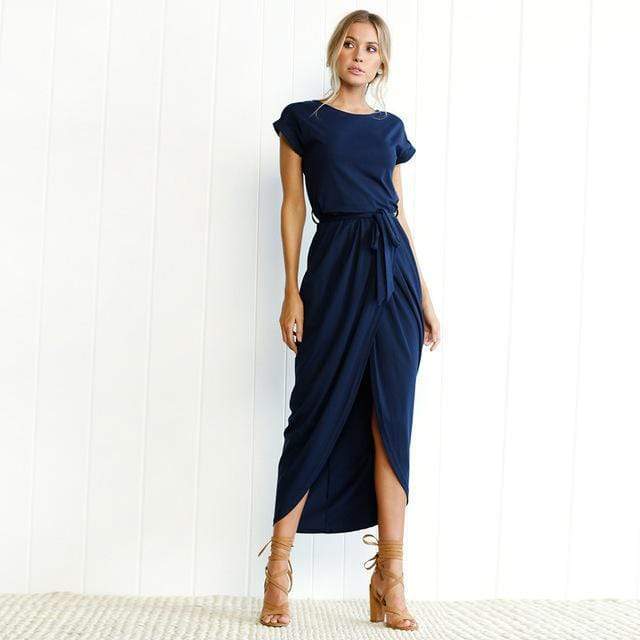 Cornelia | Women’s Waist Tie Cap Sleeve Draped Maxi Dress