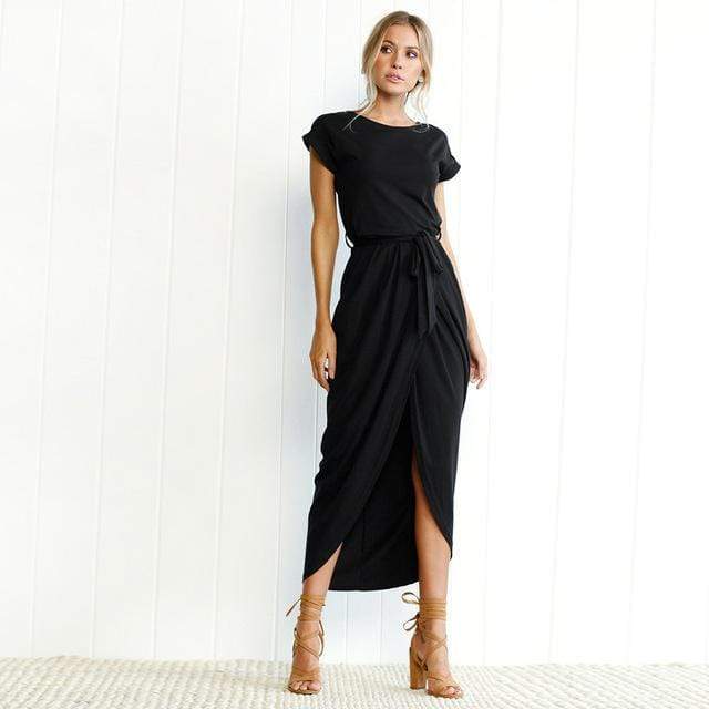 Cornelia | Women’s Waist Tie Cap Sleeve Draped Maxi Dress