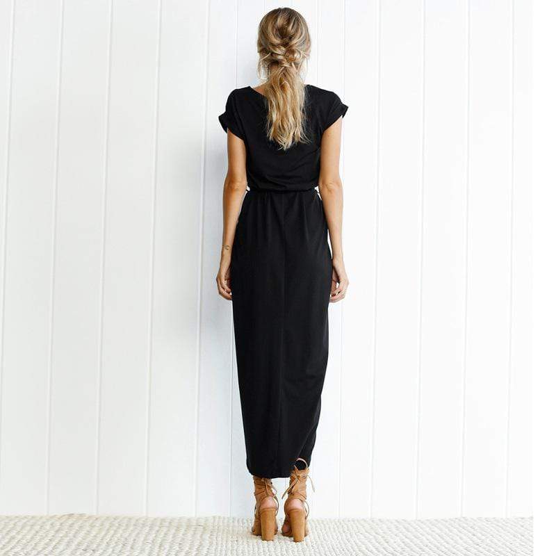 Cornelia | Women’s Waist Tie Cap Sleeve Draped Maxi Dress