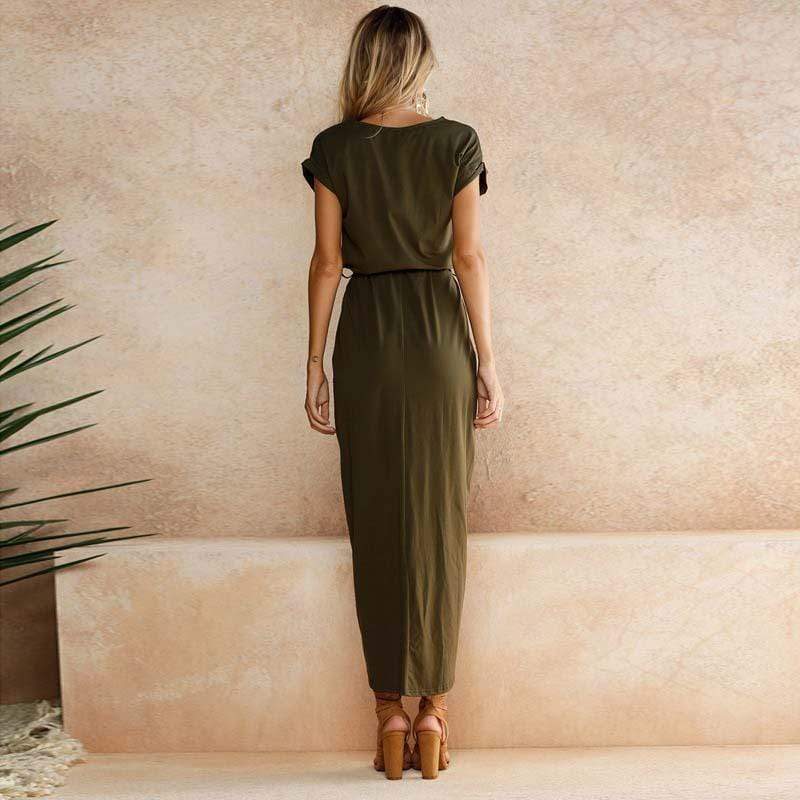Cornelia | Women’s Waist Tie Cap Sleeve Draped Maxi Dress