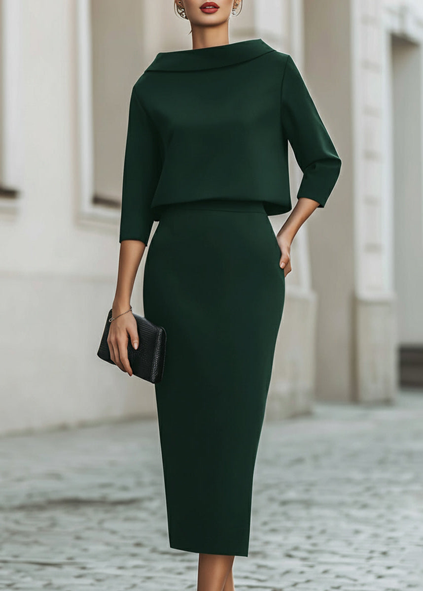 Davina | Women’s Boat Neck Blouse and Slim Midi Skirt Set