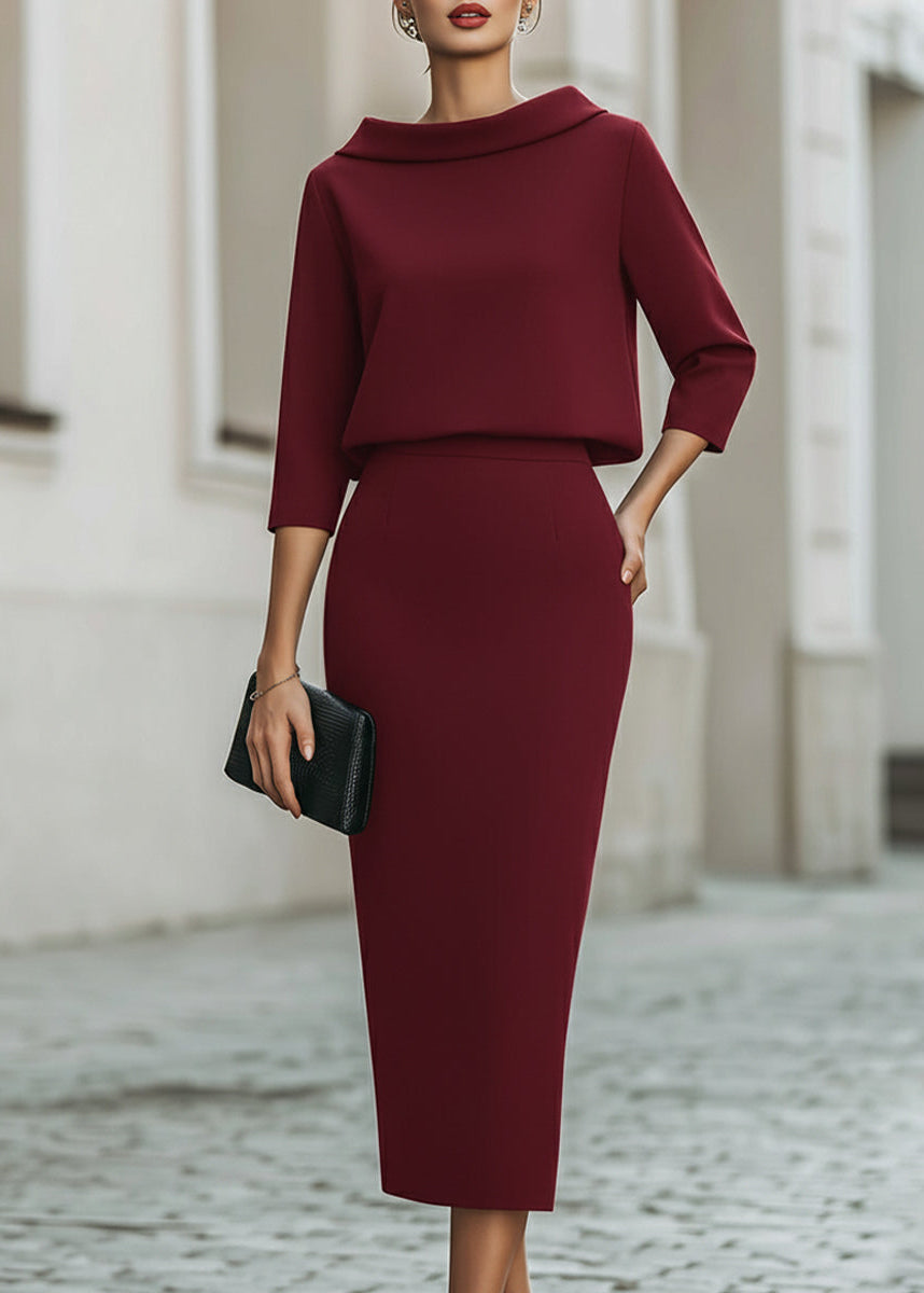 Davina | Women’s Boat Neck Blouse and Slim Midi Skirt Set