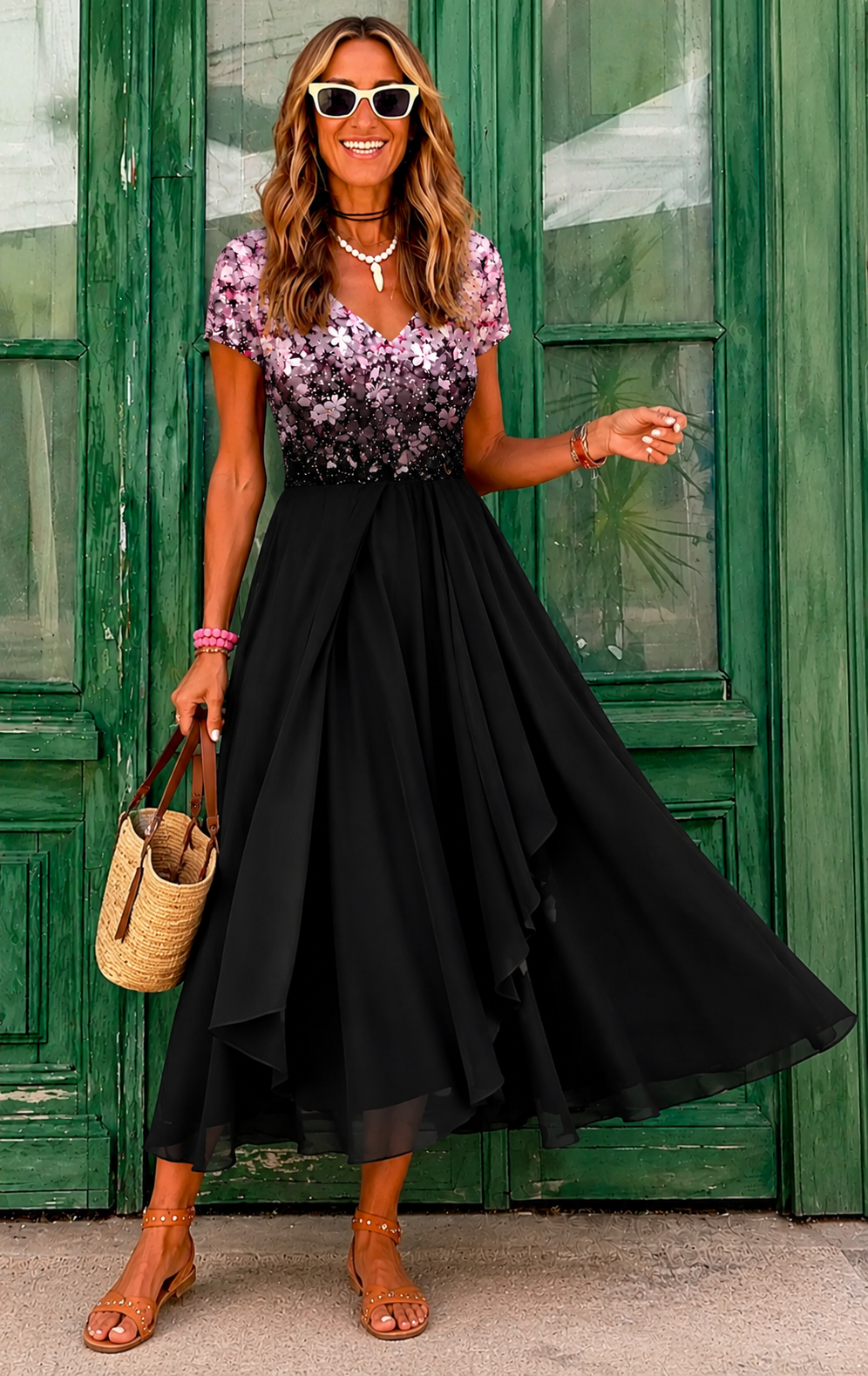 Deanna | Women's V-Neck Sparkly Flowy Midi Dress