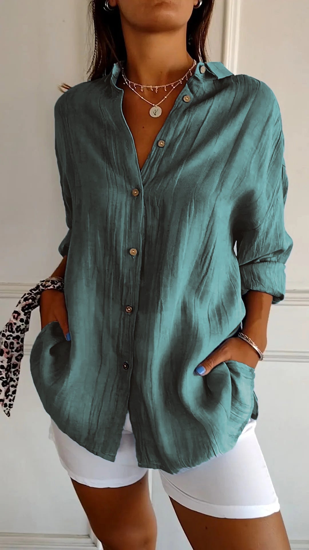 Delia | Women’s Pointed Collar Button Up Long Sleeve Shirt