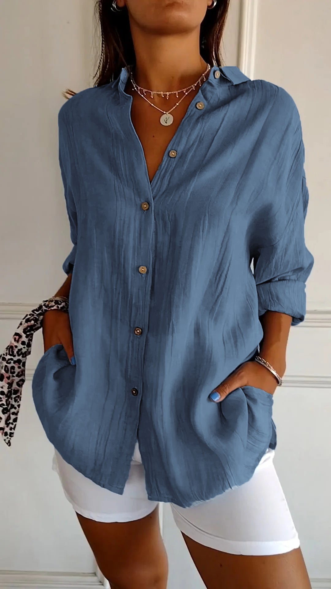 Delia | Women’s Pointed Collar Button Up Long Sleeve Shirt