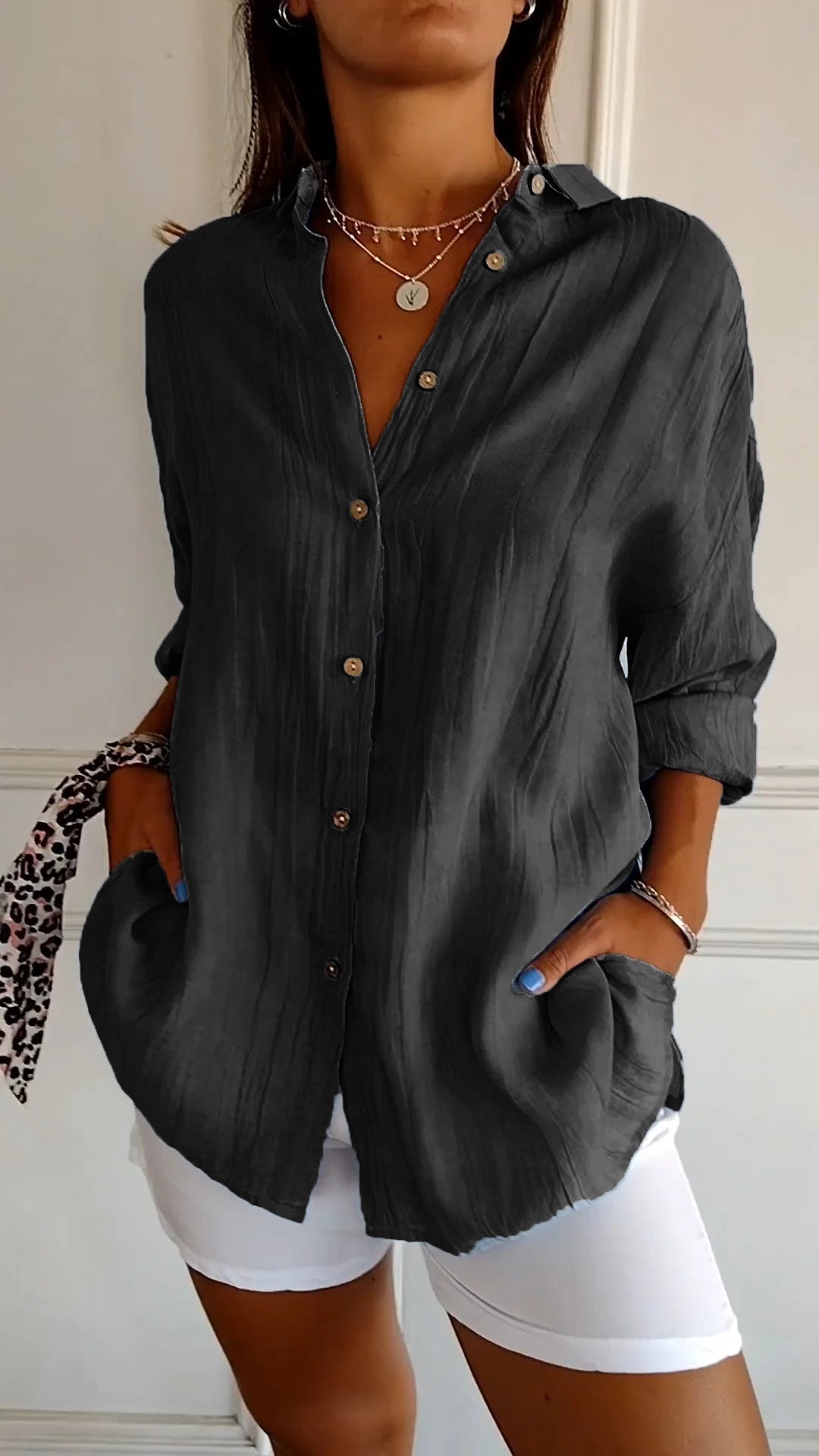 Delia | Women’s Pointed Collar Button Up Long Sleeve Shirt