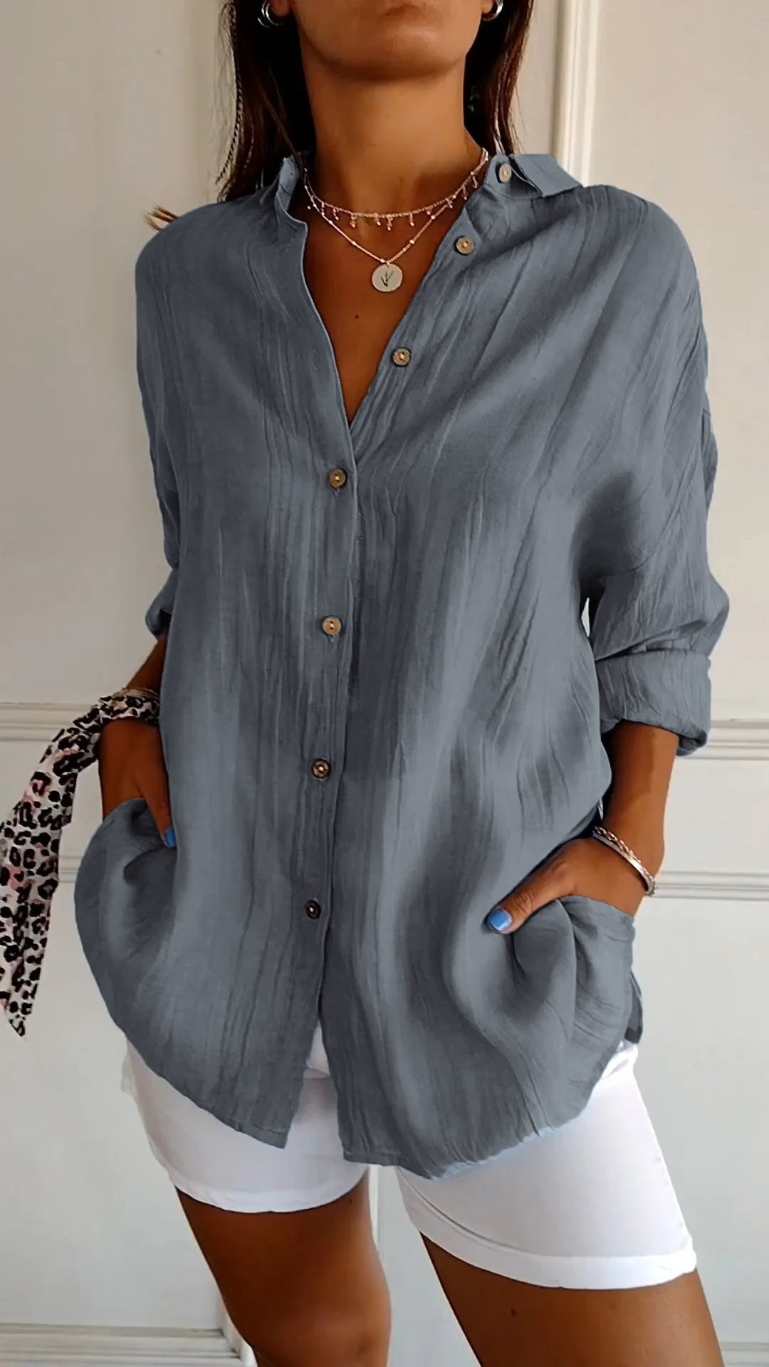 Delia | Women’s Pointed Collar Button Up Long Sleeve Shirt