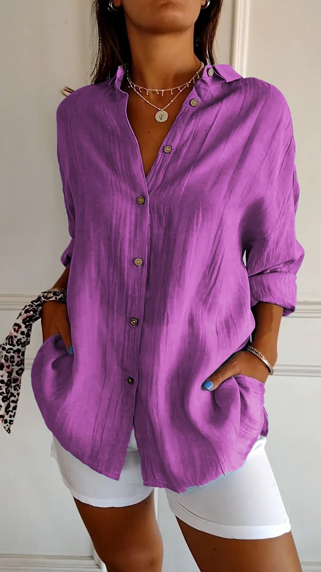 Delia | Women’s Pointed Collar Button Up Long Sleeve Shirt