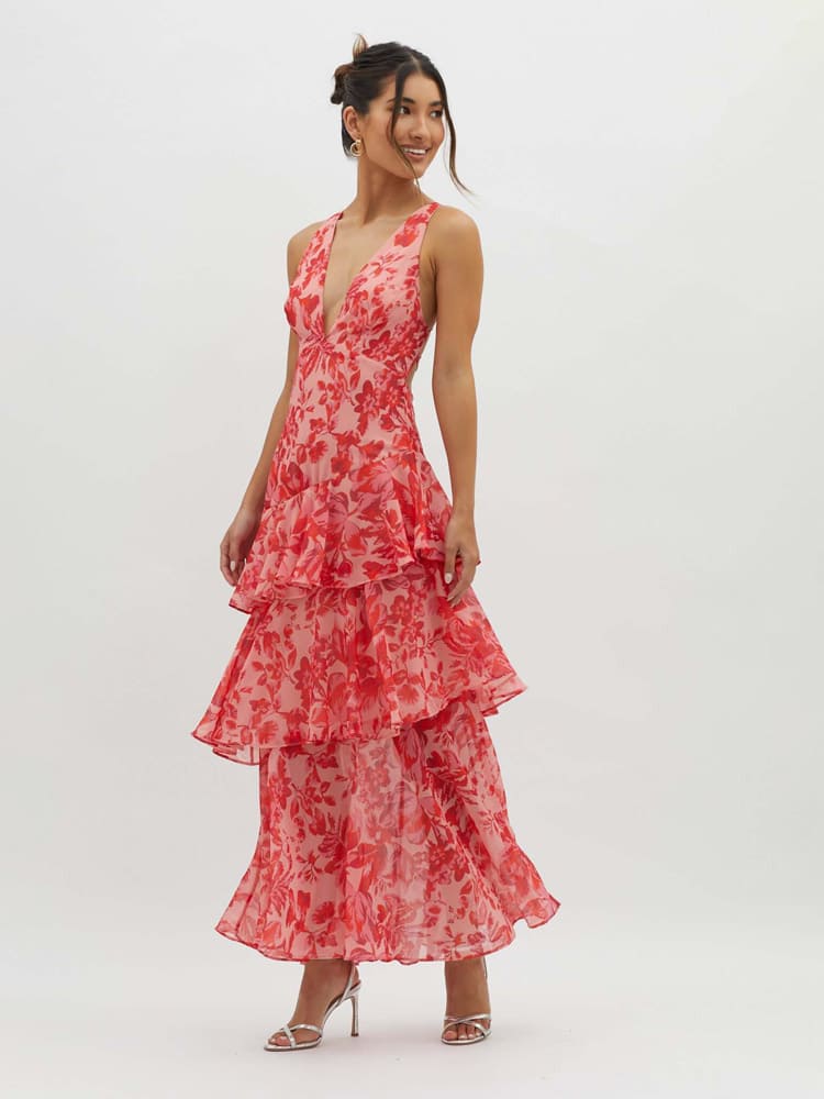 Edith | Women’s Floral Backless Flowy Ruffle Maxi Dress