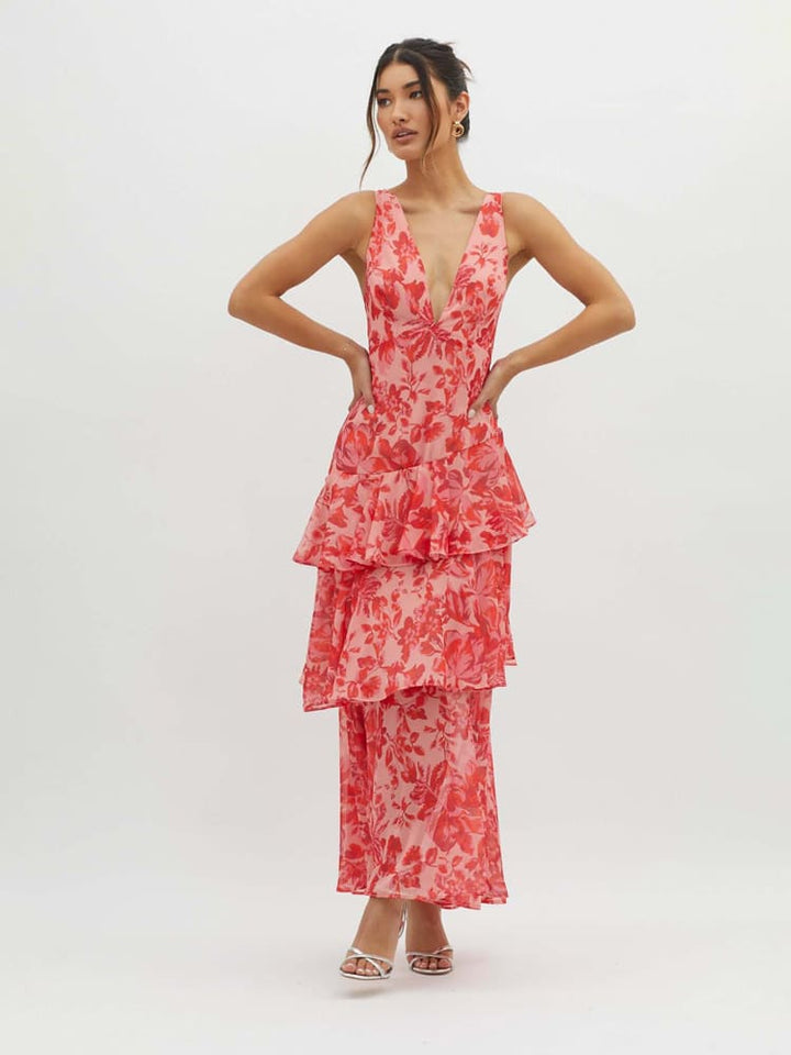 Edith | Women’s Floral Backless Flowy Ruffle Maxi Dress