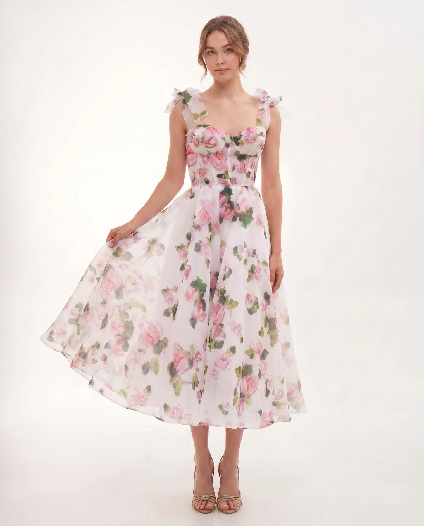 Emery | Women’s Floral Print Sweetheart Neck Flowy Midi Dress