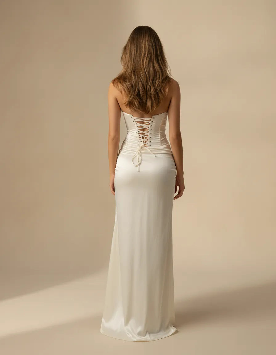 Emilia | Women’s Sleeveless High Slit Corset White Wedding Guest Dress