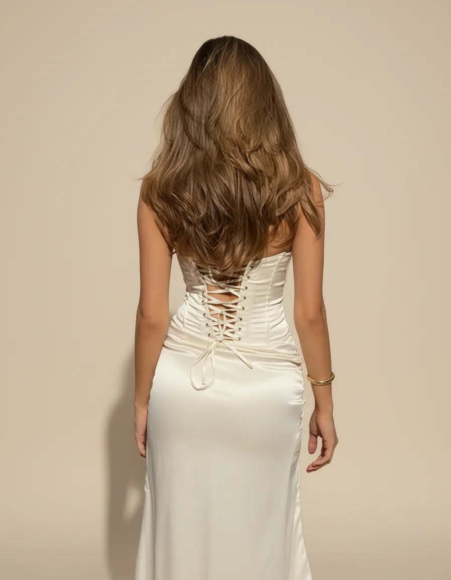 Emilia | Women’s Sleeveless High Slit Corset White Wedding Guest Dress