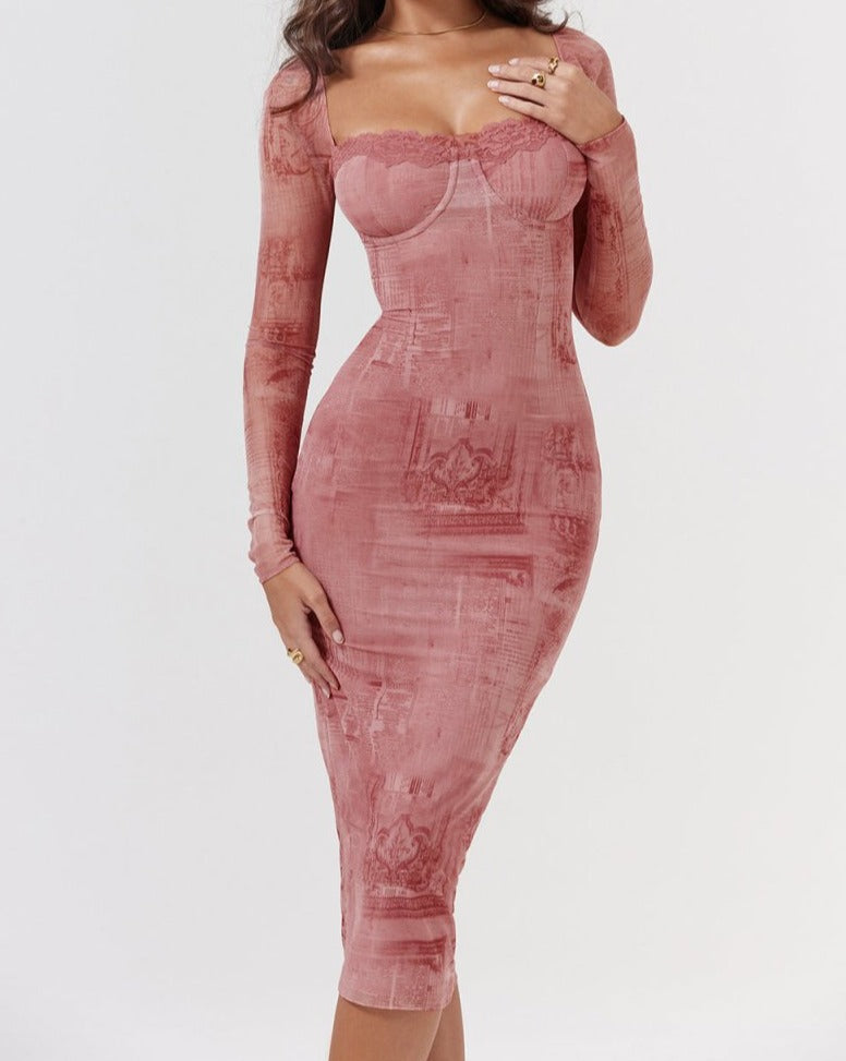 Emilie | Women’s Long Sleeve Square Neck Bodycon Midi Dress