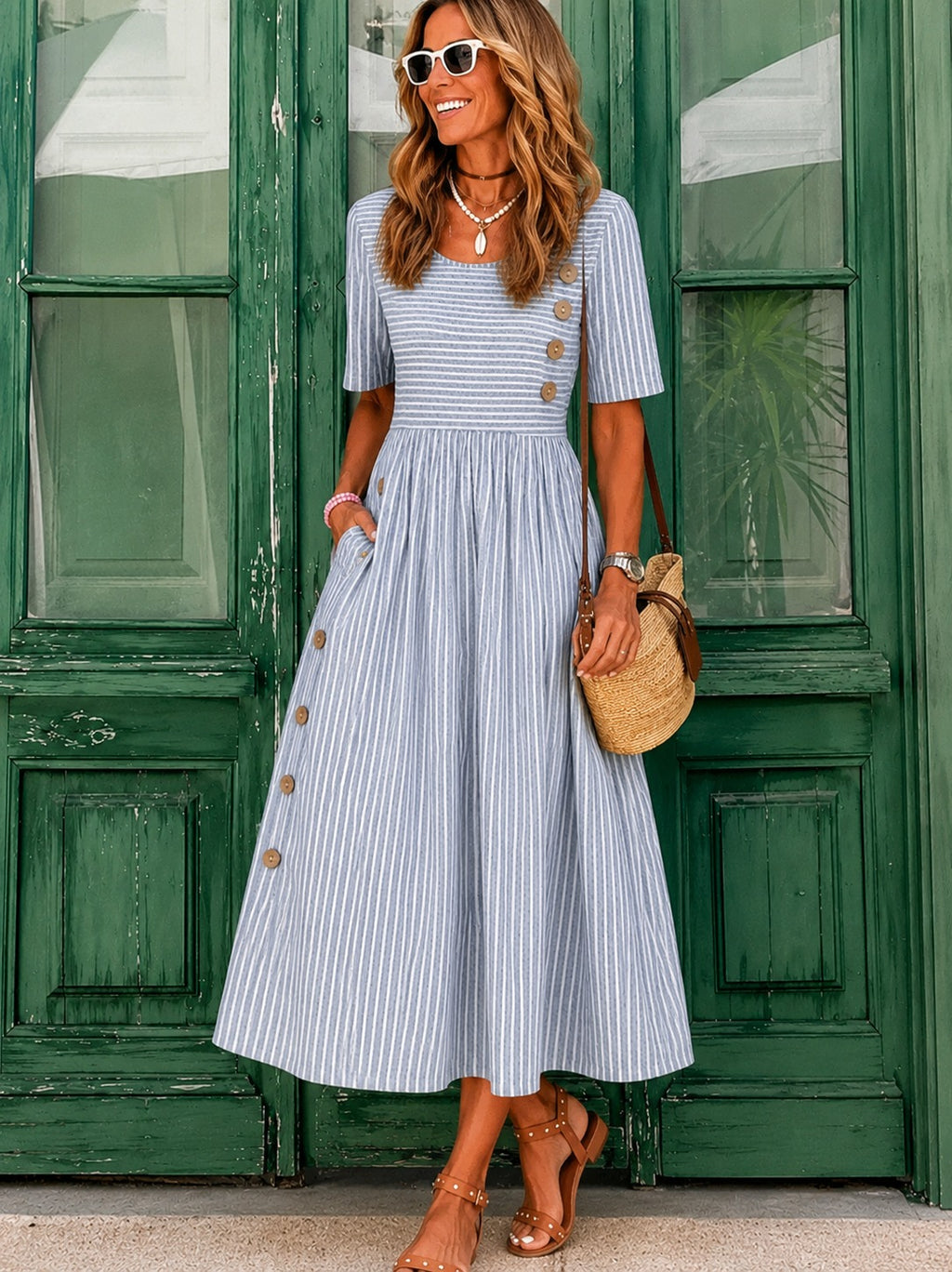 Emma | Women’s Short Sleeve Button Front Striped Midi Dress