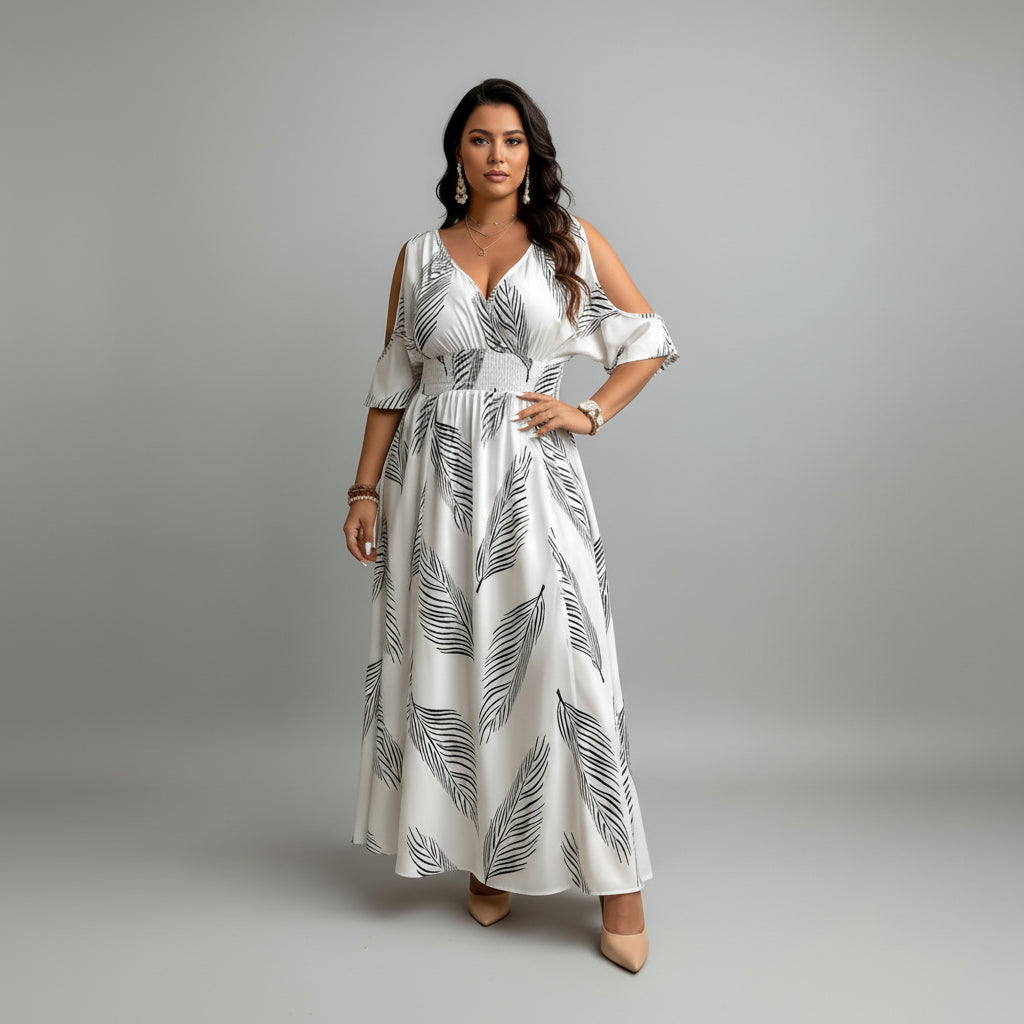 Enid | Women’s Leaf Print V Neck Flowy Maxi Dress