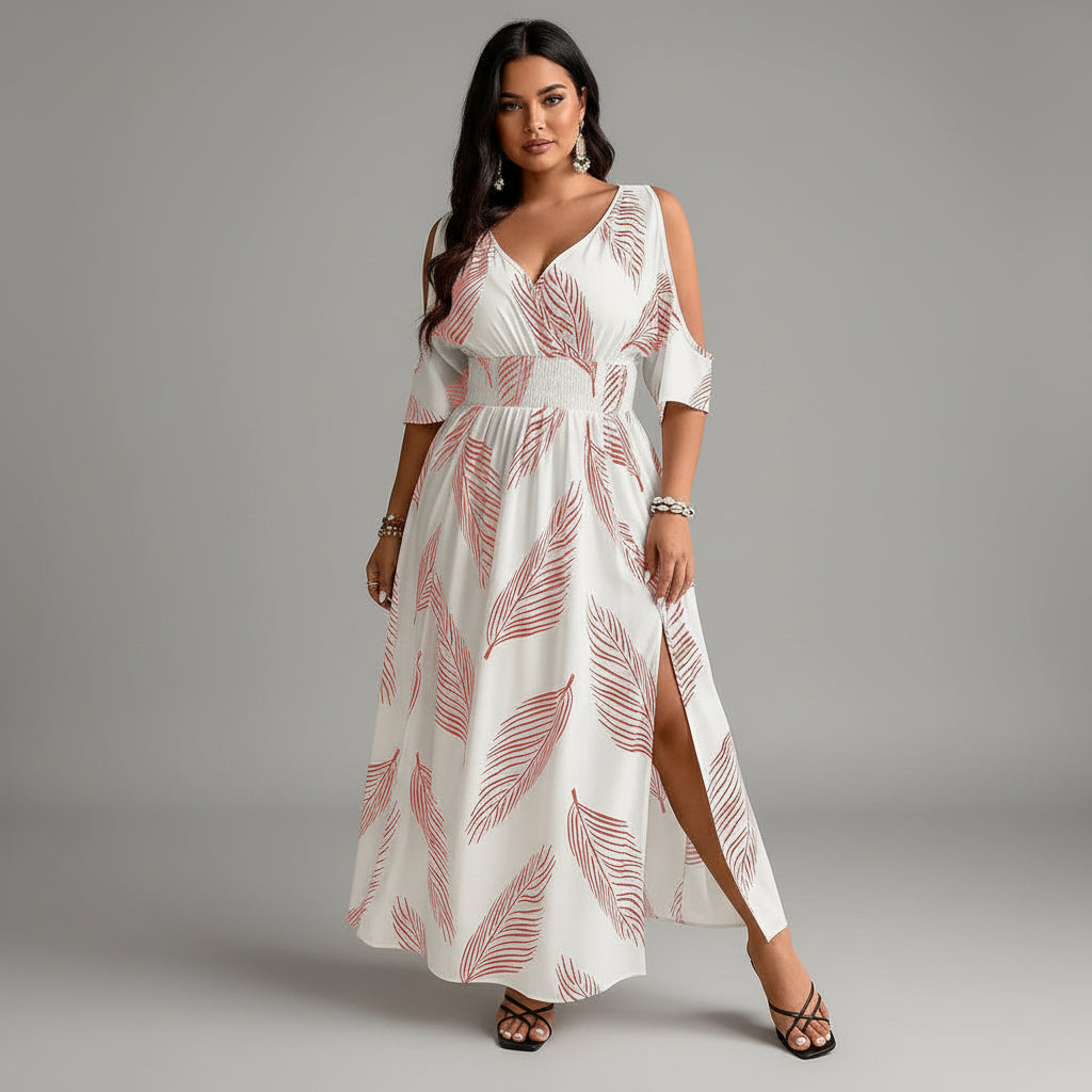 Enid | Women’s Leaf Print V Neck Flowy Maxi Dress