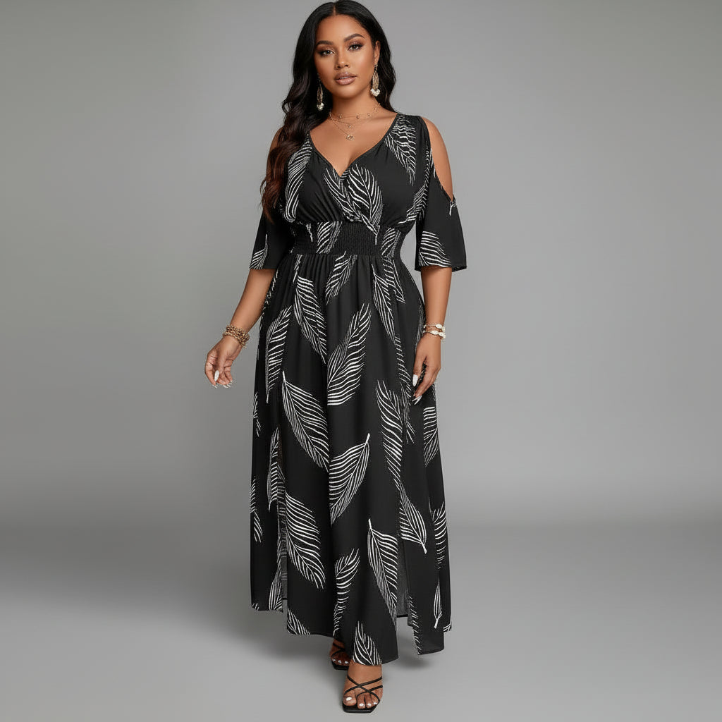 Enid | Women’s Leaf Print V Neck Flowy Maxi Dress