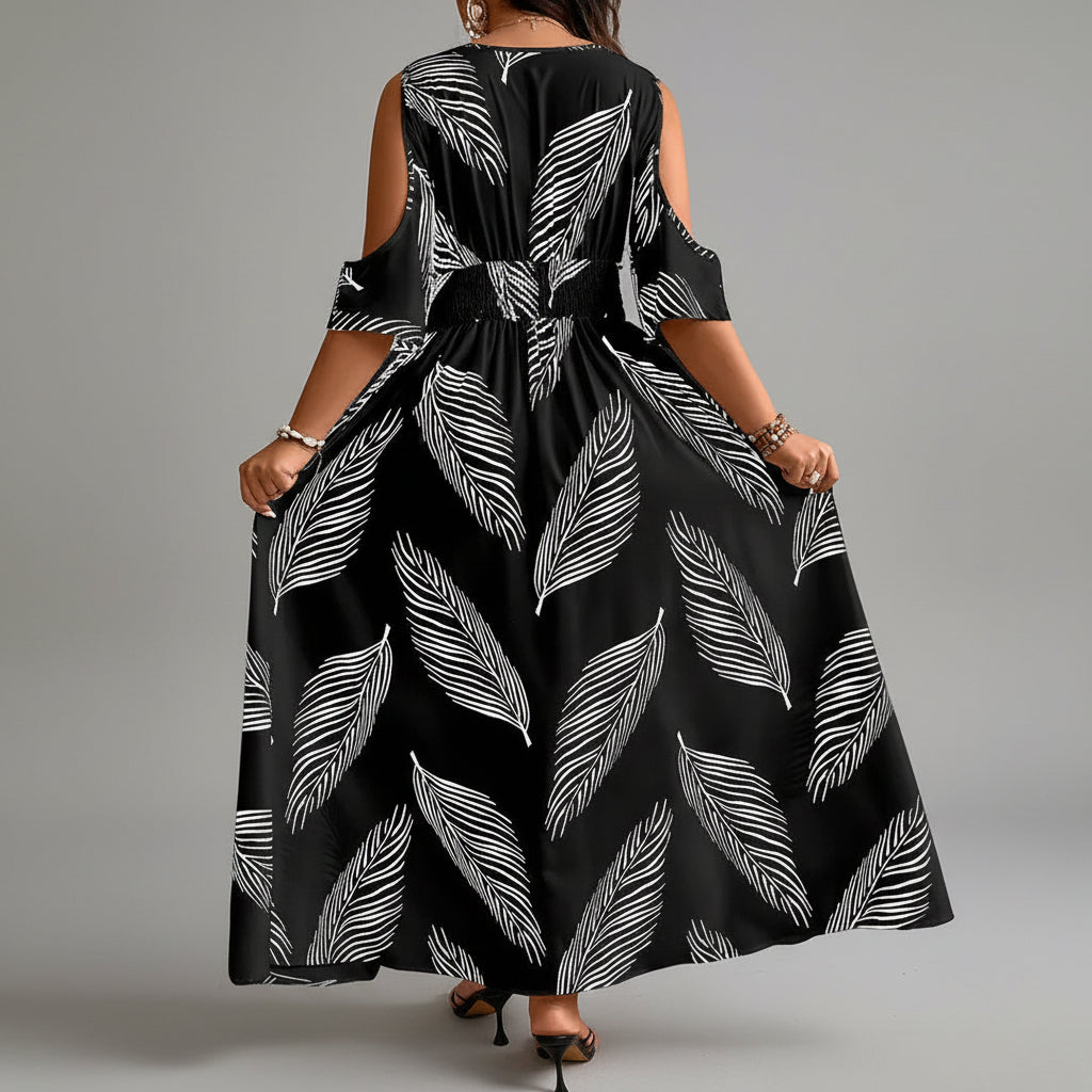 Enid | Women’s Leaf Print V Neck Flowy Maxi Dress