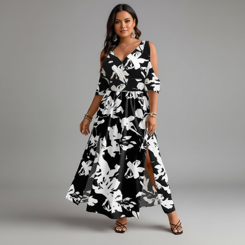 Enid | Women’s Leaf Print V Neck Flowy Maxi Dress