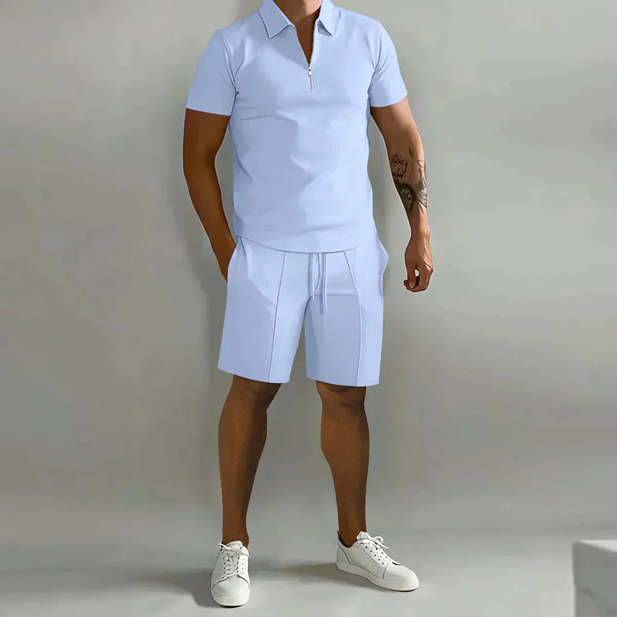 Erasmus | Men's Zip Front Polo Short Sleeve Drawstring Two Piece Set