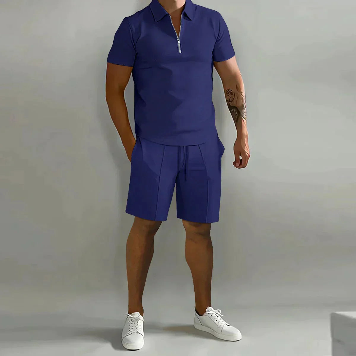 Erasmus | Men's Zip Front Polo Short Sleeve Drawstring Two Piece Set
