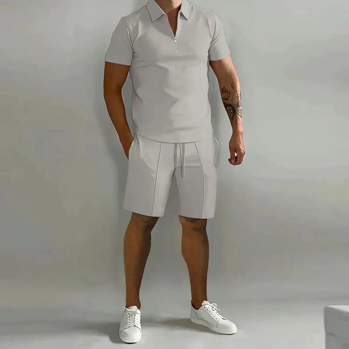 Erasmus | Men's Zip Front Polo Short Sleeve Drawstring Two Piece Set
