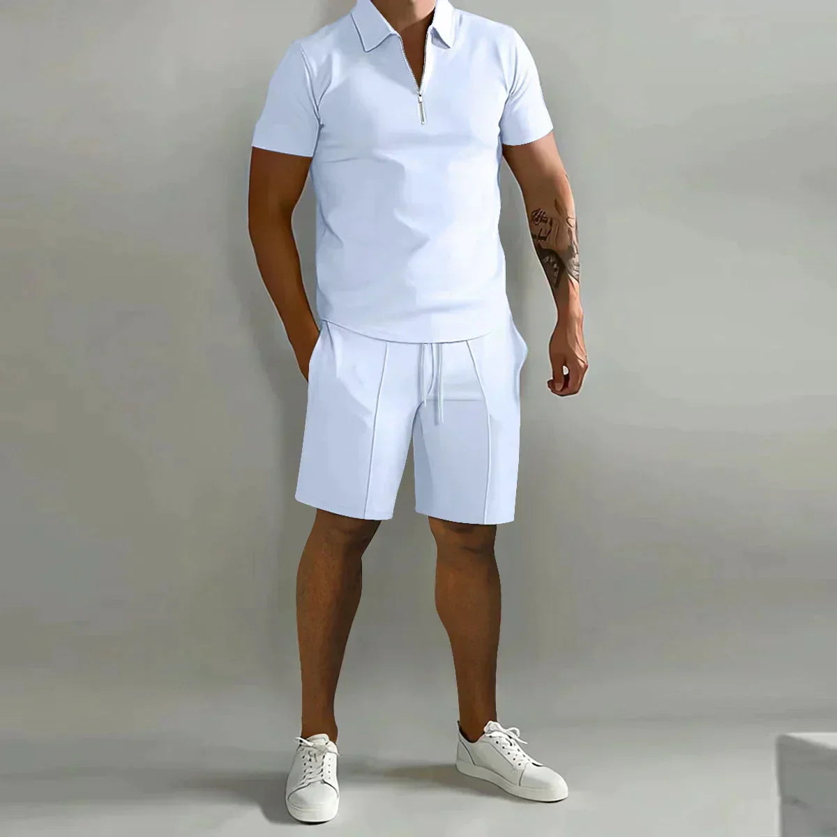 Erasmus | Men's Zip Front Polo Short Sleeve Drawstring Two Piece Set
