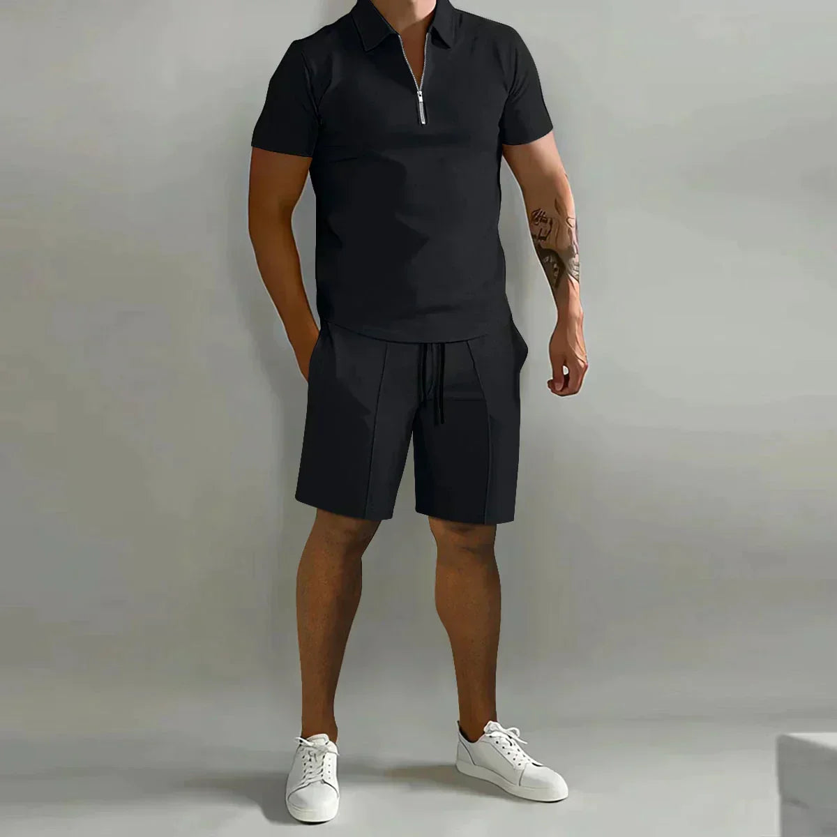 Erasmus | Men's Zip Front Polo Short Sleeve Drawstring Two Piece Set
