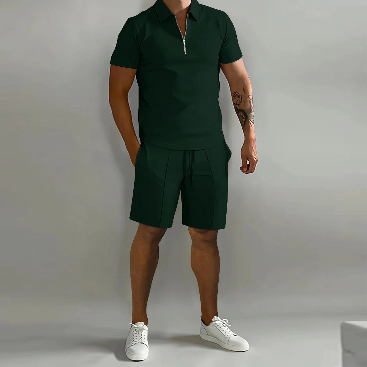 Erasmus | Men's Zip Front Polo Short Sleeve Drawstring Two Piece Set