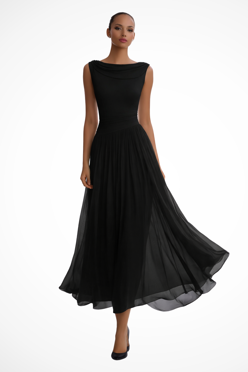 Evie | Women’s Cowl Neck Sleeveless Draped Midi Dress