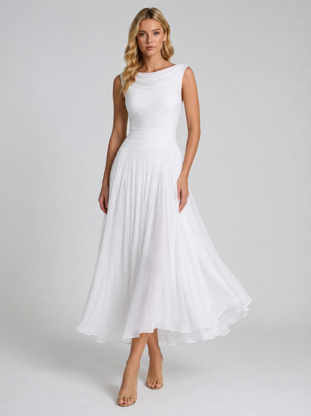 Evie | Women’s Cowl Neck Sleeveless Draped Midi Dress
