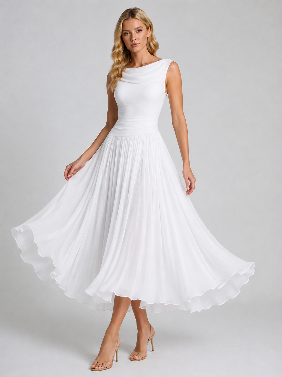 Evie | Women’s Cowl Neck Sleeveless Draped Midi Dress