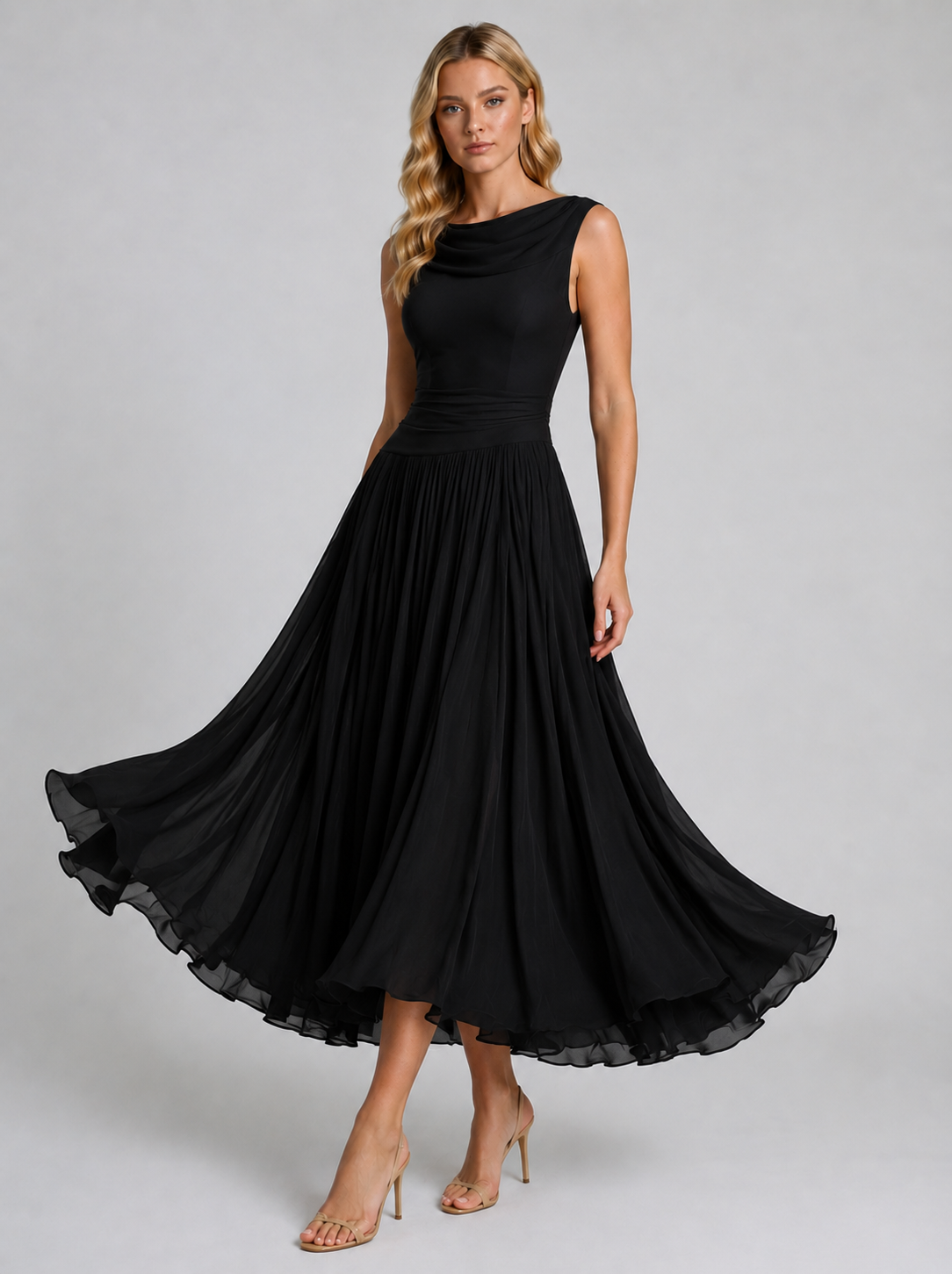 Evie | Women’s Cowl Neck Sleeveless Draped Midi Dress