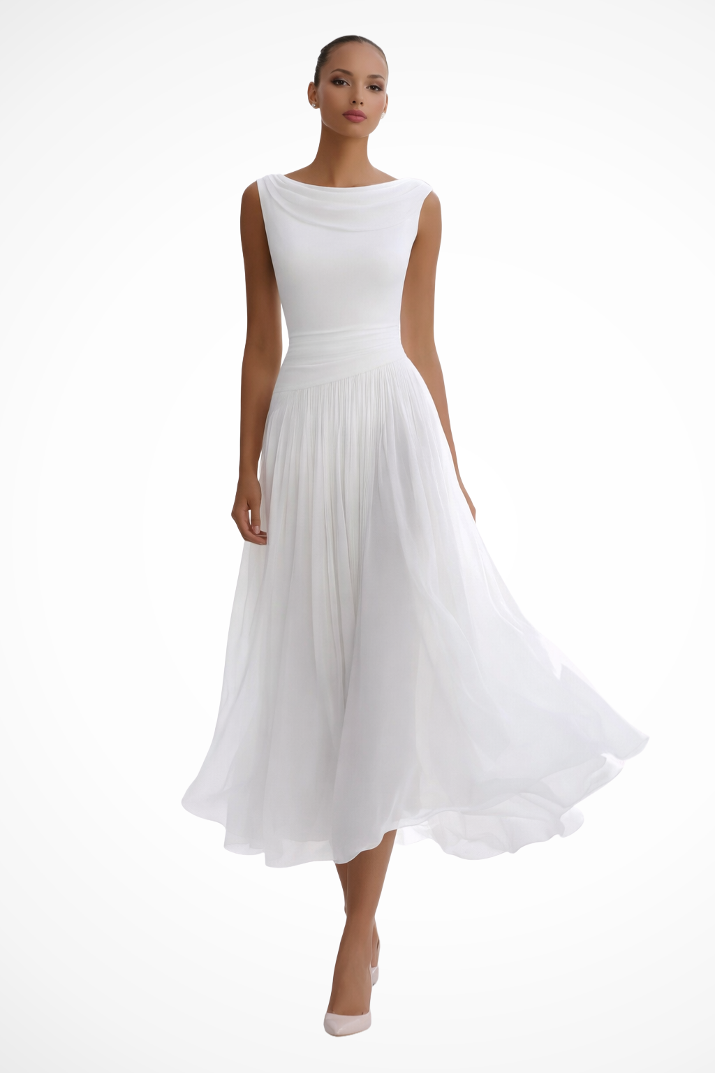 Evie | Women’s Cowl Neck Sleeveless Draped Midi Dress