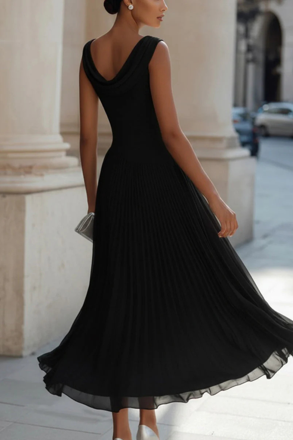 Evie | Women’s Cowl Neck Sleeveless Draped Midi Dress